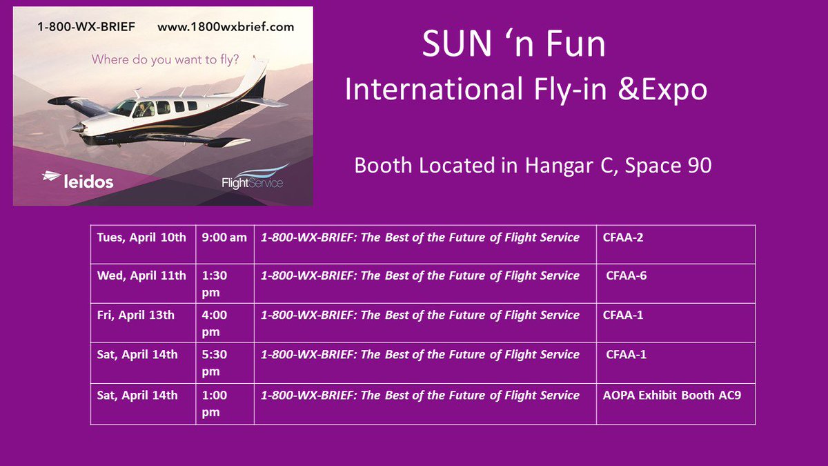 Only 5 days until <a href="/SunnFunFlyIn/">SUN 'n FUN Fly-In</a>.  Check out the <a href="/1800wxbrief/">Flight Service ✈️</a> forum schedule and booth located at Hangar C Space 90.   #Avgeek #SnF18