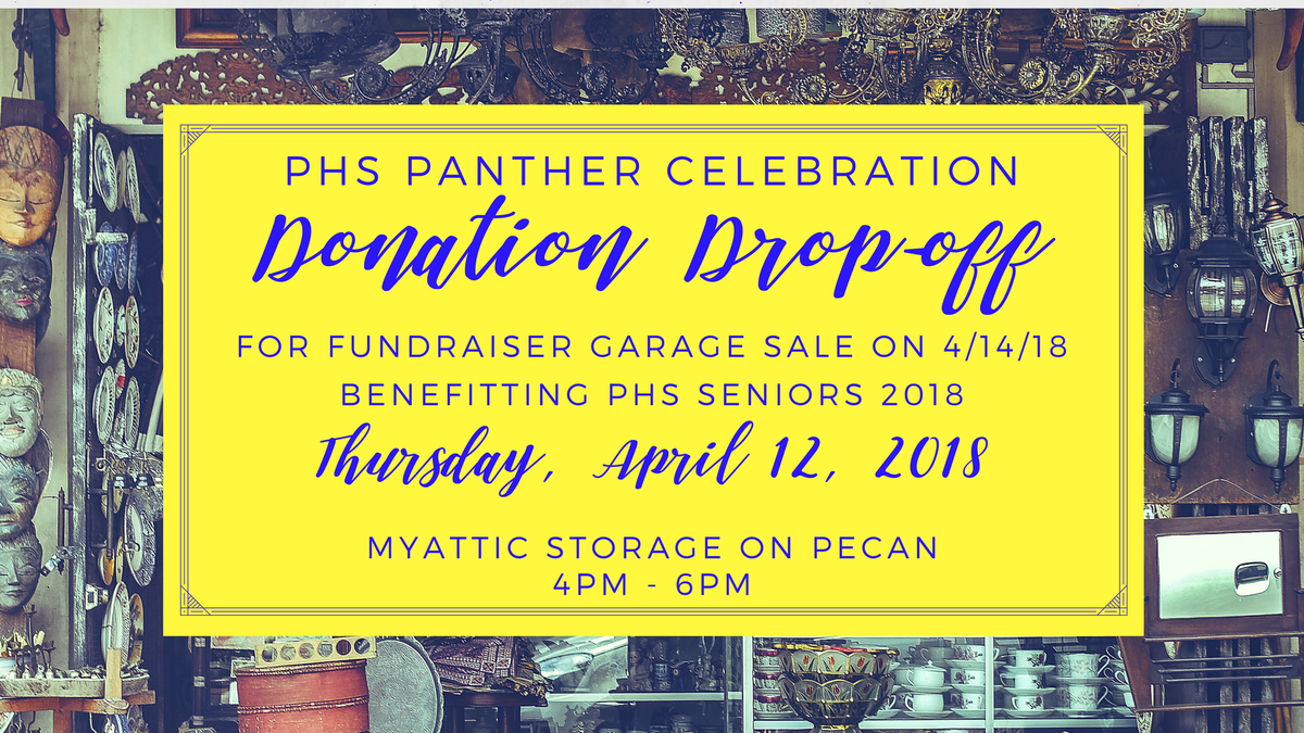 PC2K18's tweet photo. Finished with your spring cleaning yet? Have extra stuff laying around you'd like to donate? We'll take it! Final donation drop-off for the big @PflugervilleHS Class of 2018 Panther Celebration fundraiser garage sale is Thursday, April 12th from 4-6p at MyAttic Storage on Pecan. https://t.co/nV9ldE8mgR