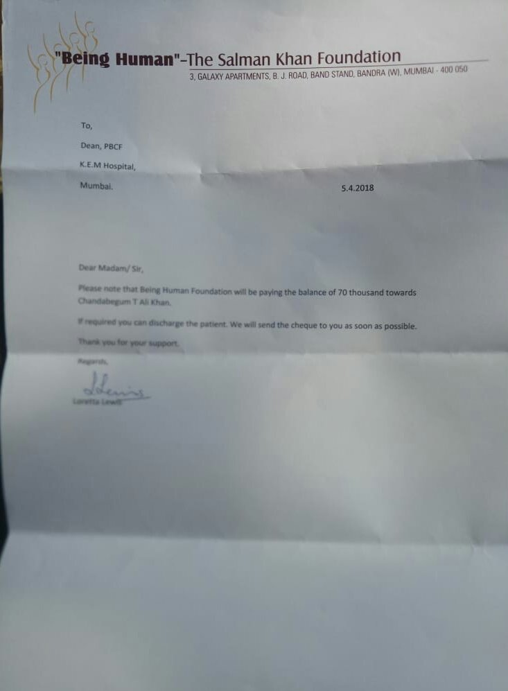 SabinaLamba's tweet photo. Great Gesture by #BeingHuman #SalmanKhan Foundation.Has helped a patient 2day(paid bills for treatment)who was in KM Hospital. 
Whatever may b d outcome of d case ,
whether u like him or not.He would continue doing Good work 👍 #WeLoveYouSalmanKhan 
#WeSupportSalmankhan https://t.co/0P1ESl3d20