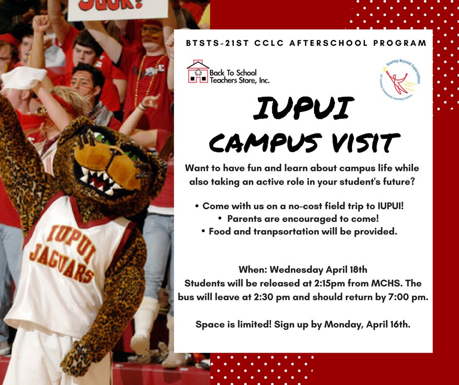 Stacy_e_Wheeler's tweet photo. @BTSTeacherStore @Central_MCS 
Calling all Muncie Central high school students. The BTSTS 21st CCLC Afterschool program is taking a campus tour of IUPUI on 4/16. No cost and transportation provided. Families are welcome. Space is limited! https://t.co/qKkpjV3YVm