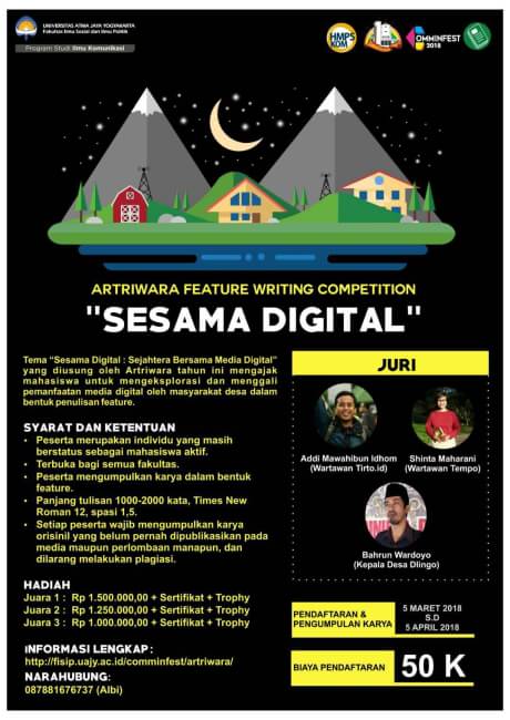 Artriwara 2018 menyapamu dengan Feature Writing Competition dengan tema "Sesama Digital". 

Pendaftaran : till 12 April 2018

Formulir bisa diunduh:
fisip.uajy.ac.id/comminfest/art…

kontak person: 
087881676737 (Albi)
Instagram: <a href="/teraspers/">TERAS Pers</a>
Twitter : <a href="/TERASPersUajy/">Teras Pers UAJY</a>