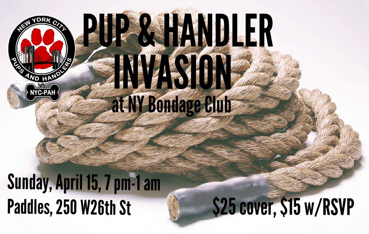 NYCPAH's tweet photo. Come join us for a fun night of moshing, bondage, and more!

•18+ event
•Rope demo by Pup Tiger @ 7:30 PM
•Mosh from 7-11 PM
•Play til 1 AM
•Gear welcome but optional

To RSVP for reduced entry, PM us here or email joe@nycpah.org with your name and email https://t.co/LATiLDYCLy