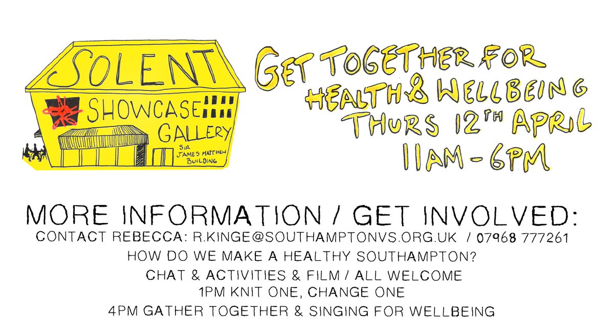 HWSouthampton's tweet photo. Short films, knitting, origami, singing, discussions, chat and more! Get Together for Health and Wellbeing is on Thursday 12th April from 11am-6pm. More here - 
https://t.co/1VGAXzjhQH https://t.co/BZfb4T3Mgr