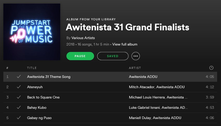 Awitenista's tweet photo. Good news Ateneans! Awitenista 31 is now on Spotify.
#Awit31
#Awitenista31
#AuthenticAteneanMusic
#JumpstartThePowerOfMusic https://t.co/4E5vNmj2ZL