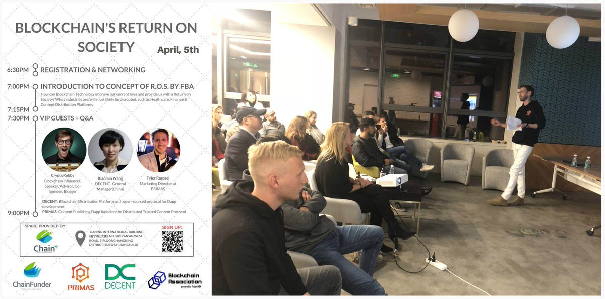 PrimasOfficial's tweet photo. How can #Blokchain improve our lives? Tyler Roessel, Primas Marketing Director, is now giving a speech at the meetup orgnized by #Chainfunder and #Fudan Blockchain Association with @cryptorobby_ and Xiaomin Wang of @DECENTplatform #BlockchainTechnology #DApp #Distributed https://t.co/Z27QePS5ye
