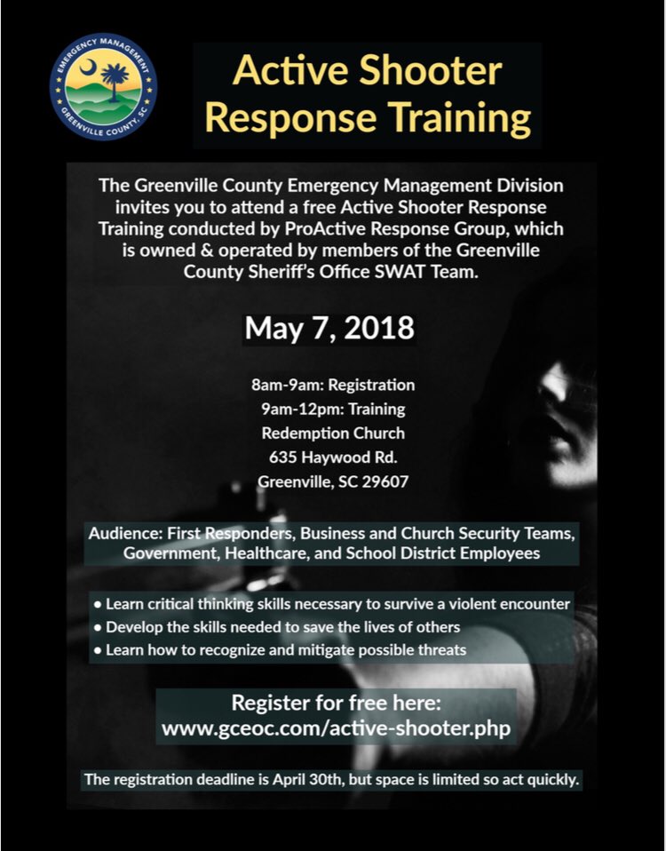 GreenvilleCoEM's tweet photo. Interested in active shooter response training? It’s free on May 7th and you can register here: https://t.co/MIW59QIdDP https://t.co/ehNjcO0JqG