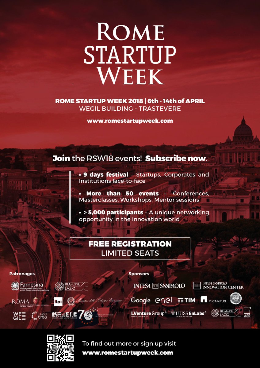Next week, #Rome will welcome entrepreneurs and VCs from all over the world for its own #startup week, organized by the stakeholders of our ecosystem through @RomaStartup. Join us for an amazing week of networking!