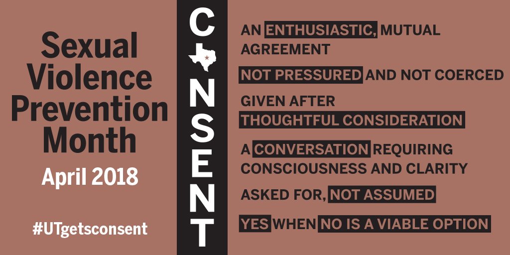 UT_SSB's tweet photo. Attend Sexual Violence Prevention Month events to help @UTAustinVAV raise awareness about consent &amp; sexual violence prevention: https://t.co/dXGgNcvAyW #UTGetsConsent https://t.co/TQ43tyDn3W