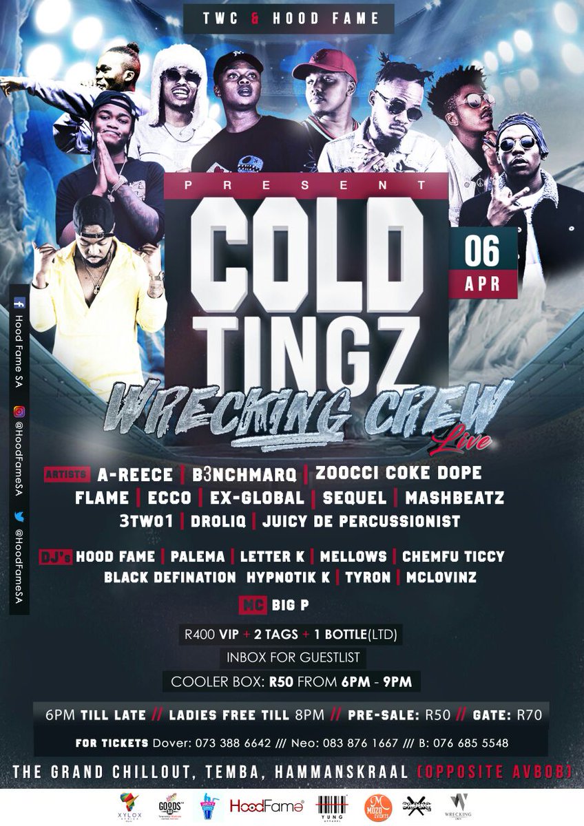 buckztherapper's tweet photo. The #TWCSUMMERTOUR STILL GOING STRONG!!! CHECK THE HOMIES OUT ON THE 6TH APRIL
@reece_youngking
@La_FlameSA
@Ex_Global
@ecco_twc
@MashBeatz
@Thabiiiso
@Ex_Global
@Tyga_BankZ
@WreckingCrew_ZA https://t.co/SY0gDcAmQb