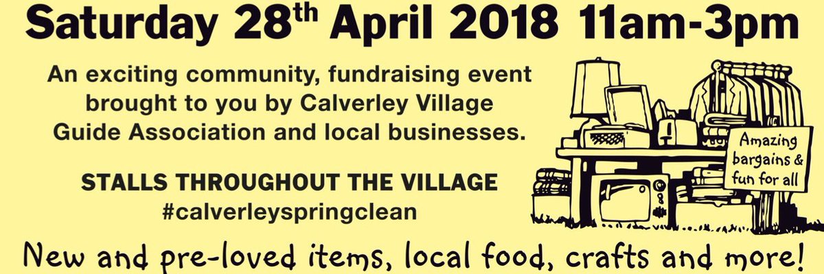cr8ivecalverley's tweet photo. Calverley village wide spring clean garage sale is back on this year! Sat 28th April, 11am-3pm. Stalls and crafts and much more . More on the Spring clean FB page  https://t.co/FKjMlmccXh… https://t.co/OUBghsp9aa