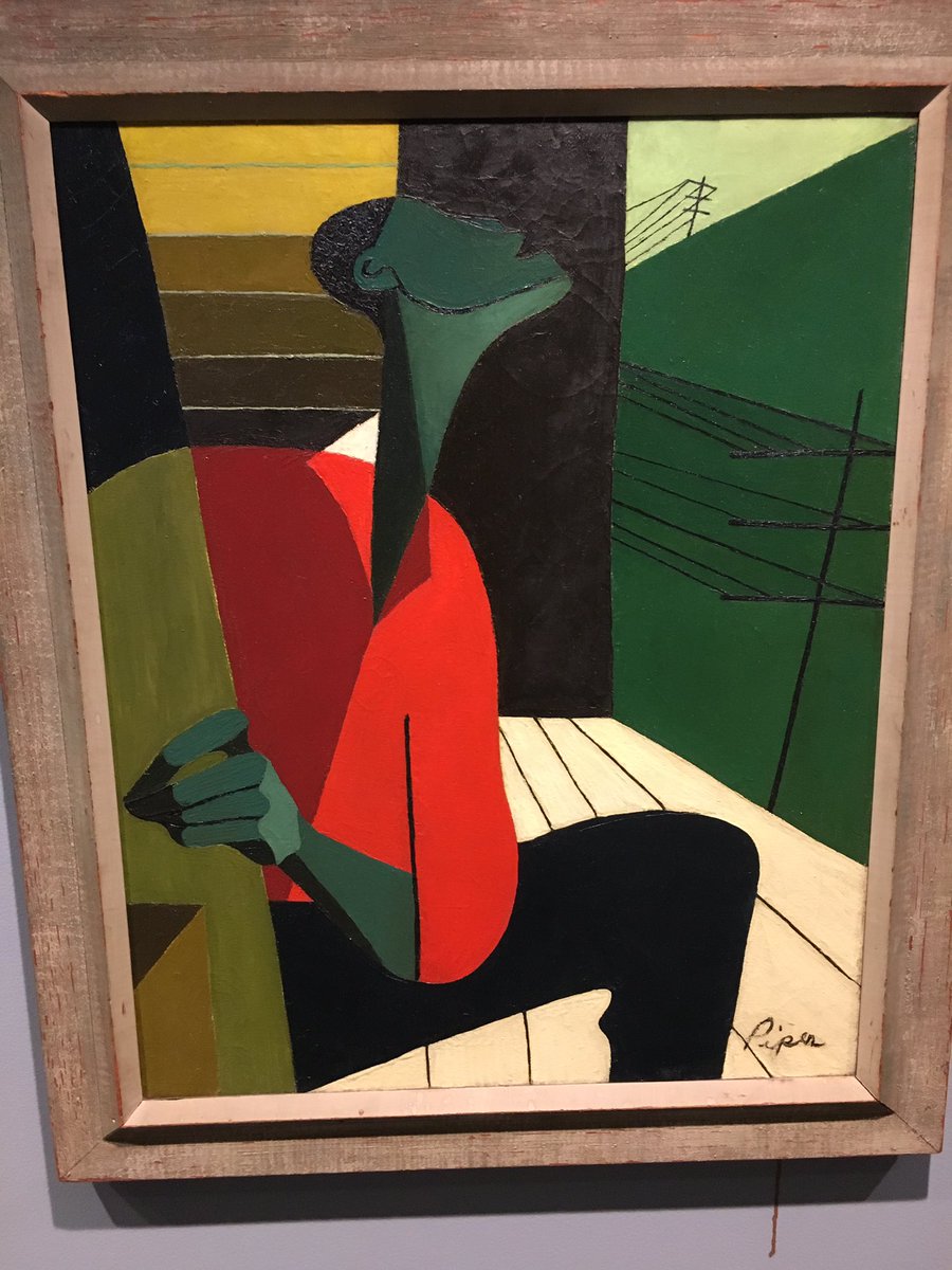 Jake_UNC's tweet photo. Is the man in the picture supposed to be playing the bass? If so, why did Piper choose to represent it so vaguely, rather than clearly depicting the instrument? #ARTH287 https://t.co/sZhjY5BlN5