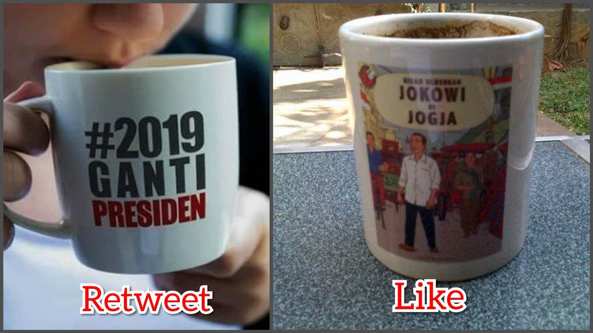 Tweeps Pilih Mug yang mana nih untuk 2019 nanti?
▪️Mug Kiri #2019PresidenBaru 》Retweet
▪️Mug Kanan #2019JokowiPresidenKU 》Like