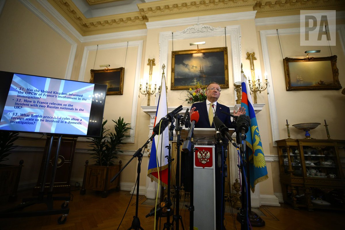 YuiMok's tweet photo. Russian ambassador to the UK Alexander Vladimirovich Yakovenko speaking about the Salisbury incident, during a news conference at the Russian Embassy in London. #Russia #SkripalPoisoning #Novichok #NerveAgentAttack #OPCW https://t.co/jU3VDeCUqe