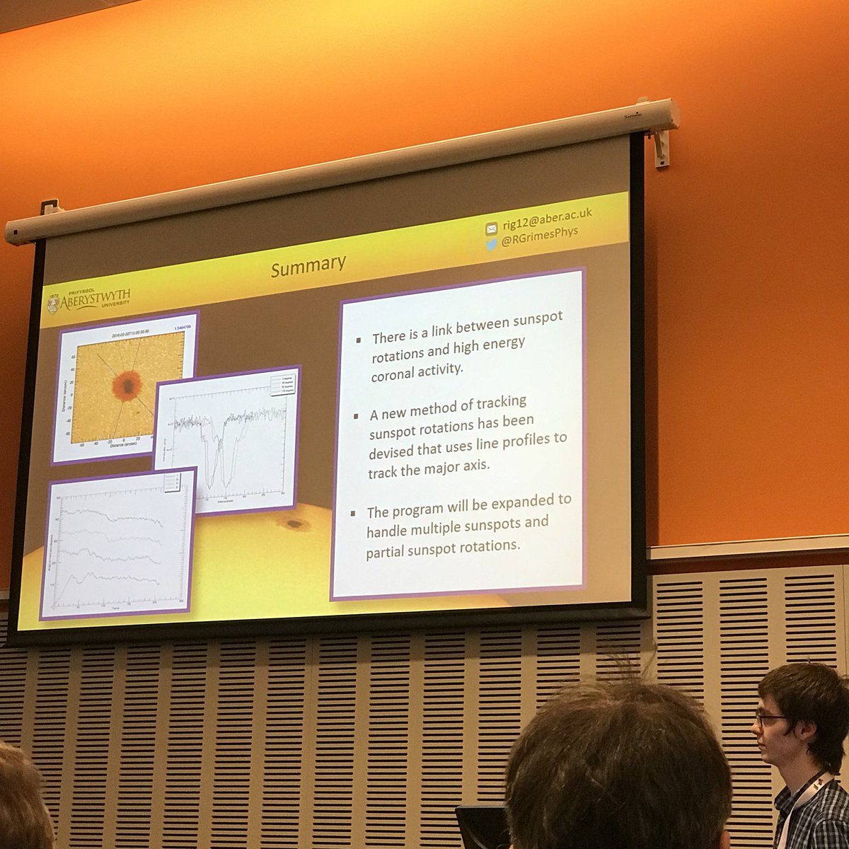 SMTG_StAndrews's tweet photo. Great talk by @RGrimesPhys on his PhD project to measure sunspot rotation @ewass2018 #sunspotsbespinning #hardtomeasure https://t.co/MREpZJEHKI