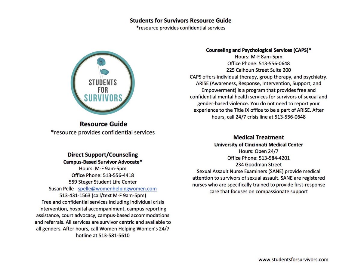 SFSuc's tweet image. The following resources are available for survivors of sexual and gender-based violence at the University of Cincinnati. Please note that resources with an * are confidential.