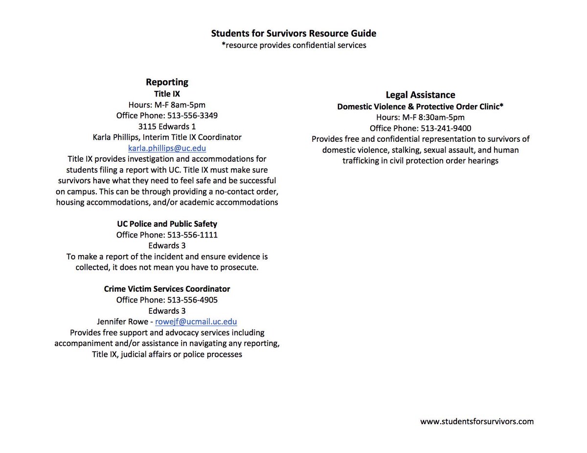SFSuc's tweet image. The following resources are available for survivors of sexual and gender-based violence at the University of Cincinnati. Please note that resources with an * are confidential.