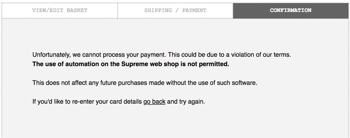Supreme_Fits's tweet photo. Lots of people reporting that they got this error message when trying to checkout. 
Did you manage to cop anything? https://t.co/EZTSB8y1Em