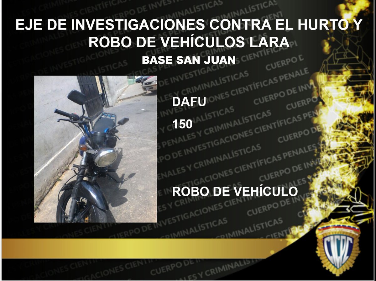 Funcionarios adscritos a la Base San Juan del Eje de Investigaciones Contra el Hurto y Robo de Vehículos CICPC Lara, logran recuperar motocicleta solicitada .<a href="/DouglasRicoVzla/">Douglas Rico</a> <a href="/PrevLaraCICPC/">PREVENCIONCICPCLARA</a>