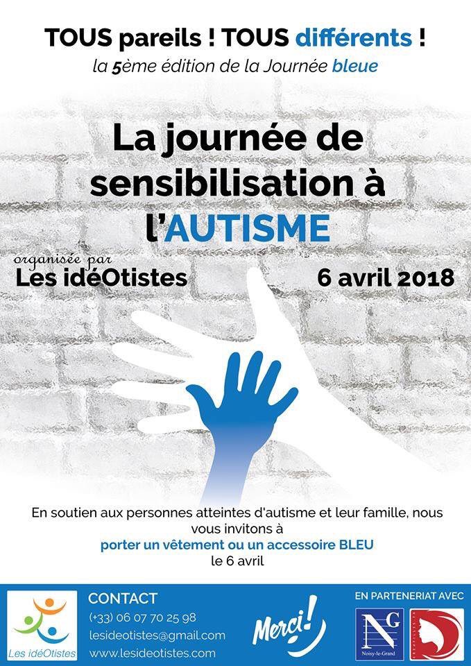 SbastienMarcha5's tweet photo. Les idéOtistes vous proposent de participer à l’événement en revêtant une tenue bleue ou accessoire bleu afin de soutenir les familles. 
Sur #NoisyleGrand la journée de sensibilisation a été fixée au vendredi 6 avril 2018. 🦋
#TousEnBleu #NoisyEnBleu #Autisme #Solidarité #Famille https://t.co/yDSvowuA1T