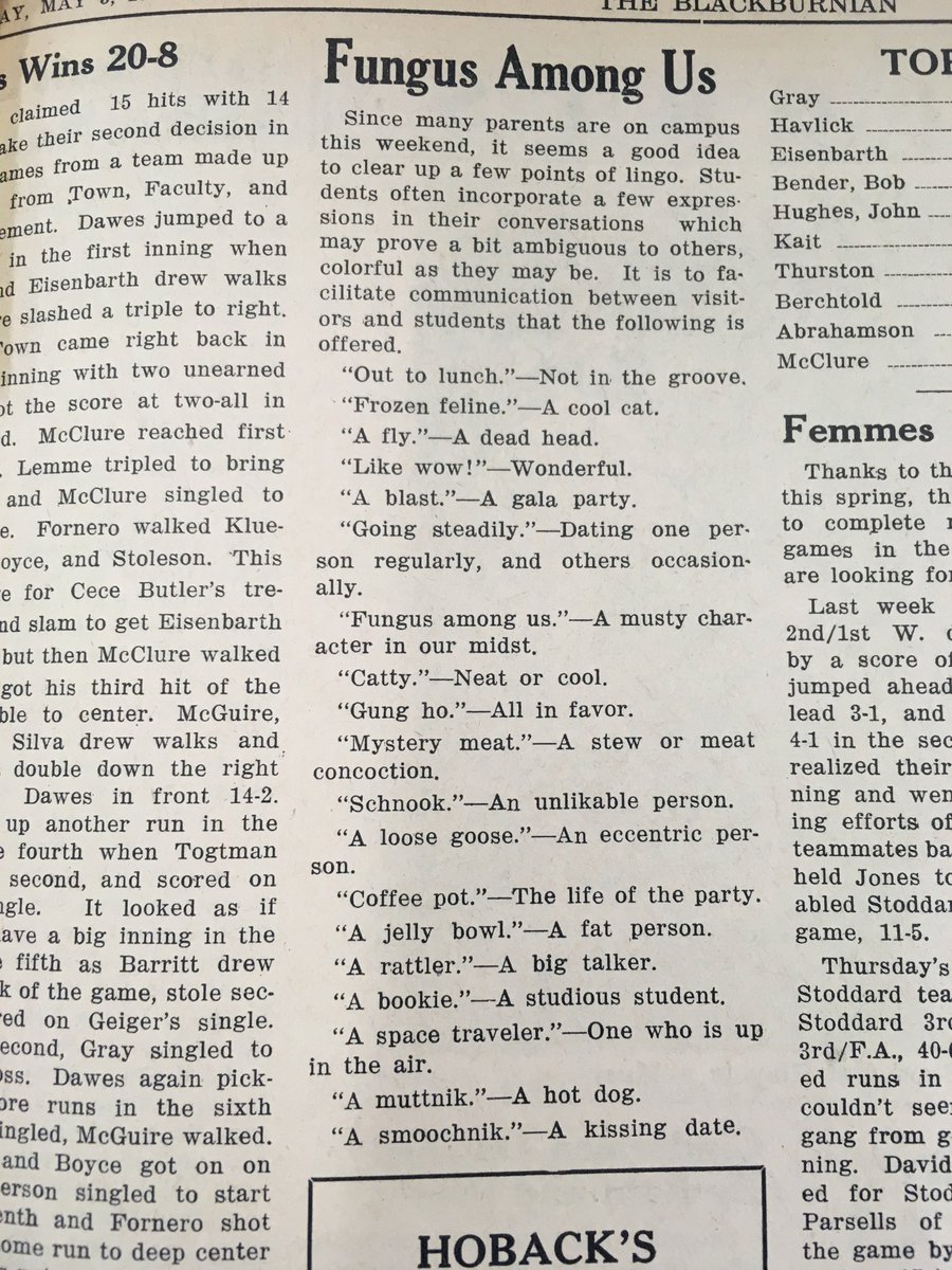 BCCommons's tweet photo. Check this out! Here is a sort of “guide” of slang used by students posted in a 1958 Blackburnian for visiting parents and others to use. What slang do you use now? #ThrowbackThursday  @theburnian https://t.co/9xtdwbHTYh