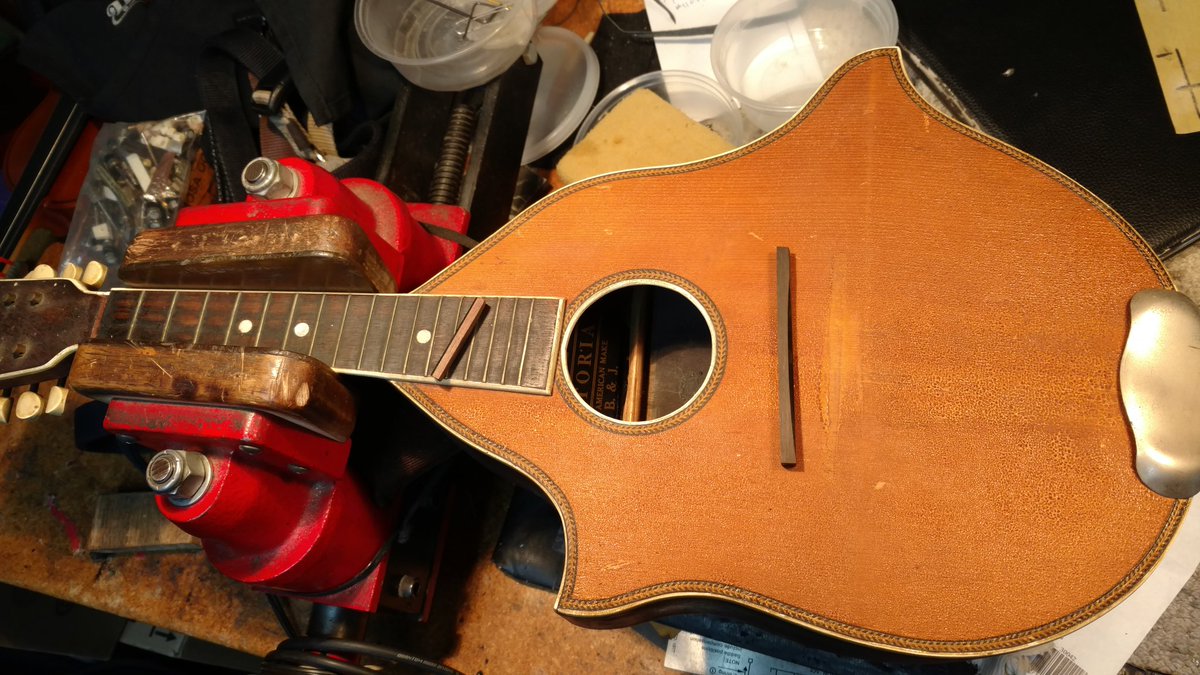 JeffCottonMusic's tweet image. The beginning of bringing a pre 1920's mandolin back to life. Loose braces and cracks, nut and bridge to be made from salvaged ebony.