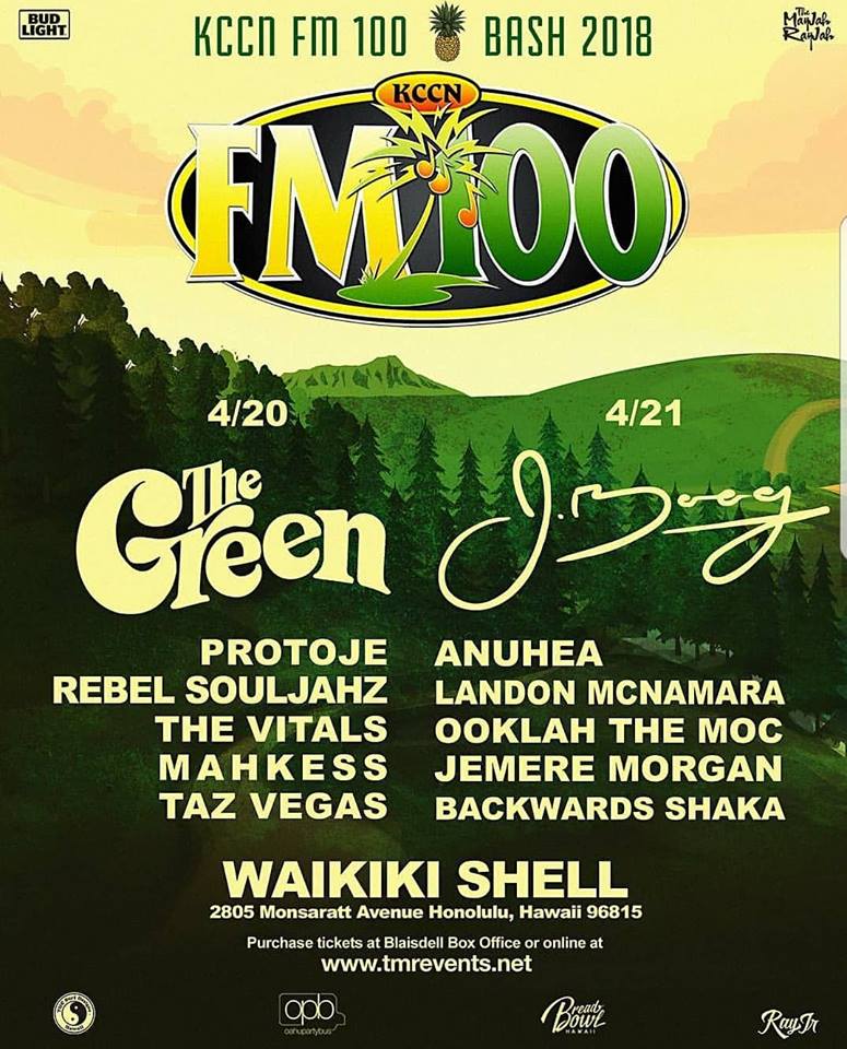 The KCCN FM 100 Bash is back with The Green, J Boog, Anuhea, Protoje, and more amazing artists on Friday, April 20, 2018 and Saturday, April 21, 2018 at the Waikiki Shell!!  

Get your tickets here:  bit.ly/KCCNFM100BASH2…
