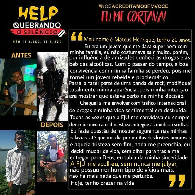 help_fju's tweet photo. Mateus passou por várias situações que faziam sua vida infeliz. Ele reconhece o quanto a FJU o ajudou ao relatar " A FJU me acolheu, sem nunca me julgar!" 

Assim como ele, a sua vida também pode ser transformada.😊 #helpfju #nãotejulgoteajudo #help https://t.co/GWwCjrNIXm