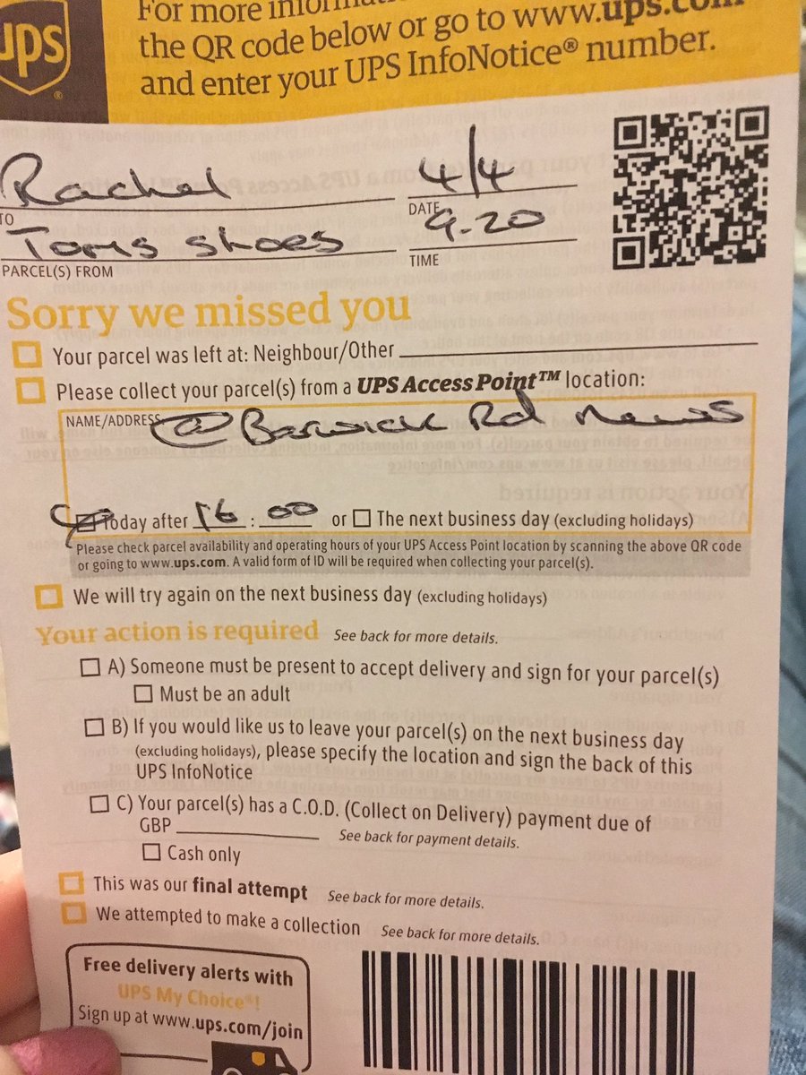 REWARD82's tweet photo. @TOMS missed parcel. No idea where this is. How do I get  it redelivered https://t.co/Rnumuzt7Mk