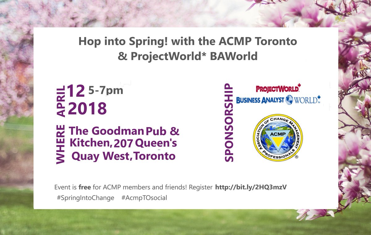 ACMPToronto's tweet photo. One more week until our Spring Social, next week at the Goodman Pub & Grill. It's free but get your tickets at https://t.co/hvl6NXiBvp #SpringintoChange #ACMPTOSocial https://t.co/gDVlIuXVQd