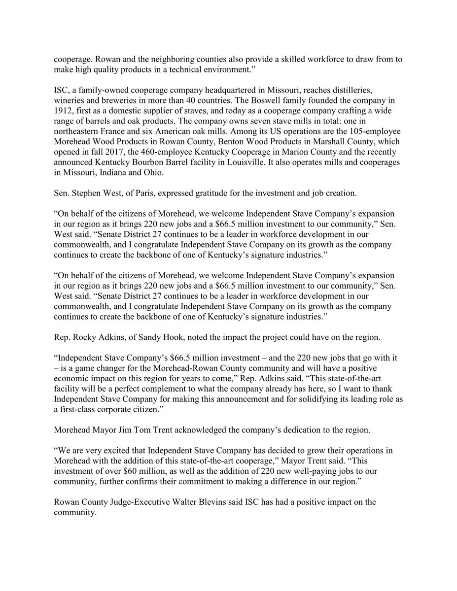 cityofmorehead's tweet photo. GREAT NEWS FOR MOREHEAD, ROWAN COUNTY &amp; OUR REGION!
Independent Stave to Invest $66.5 Million and Bring 220 New Jobs to Our Community! See below for details. #independentstavecompany https://t.co/nPdhG3UGEy