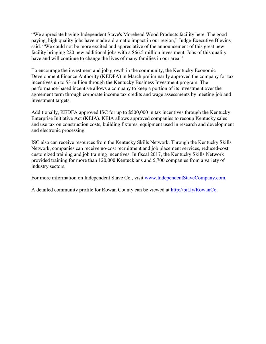 cityofmorehead's tweet photo. GREAT NEWS FOR MOREHEAD, ROWAN COUNTY &amp; OUR REGION!
Independent Stave to Invest $66.5 Million and Bring 220 New Jobs to Our Community! See below for details. #independentstavecompany https://t.co/nPdhG3UGEy