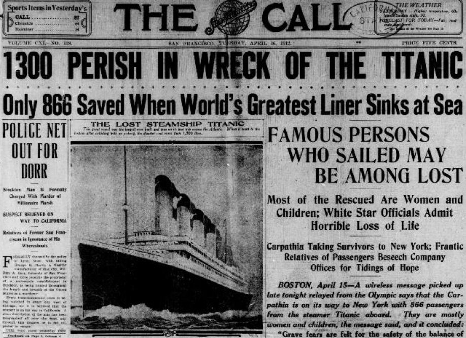 librarycongress's tweet photo. The S.S. Titanic sunk in the early morning hours #OTD 1912. Early news reports were optimistic about survivors, but details on the extent the tragedy eventually emerged #ChronAm https://t.co/hnZyAxRjKE https://t.co/CiBpF8triw