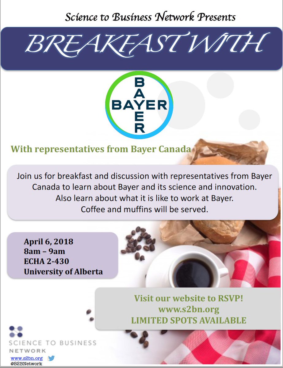 S2BNetwork's tweet image. Our Edmonton Chapter is excited for our sold out event tomorrow: Breakfast With Bayer. #S2BNEdmonton #Bridgethegap #Sciencetobusiness #networking