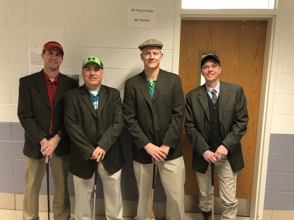 SOBOPSYCH's tweet photo. The Social Studies Department celebrated the start of The Masters golf tournament for our Theme Day Thursday. Green jackets and putting contests were on display. Mr. Gilmore was the putting champion of the day. https://t.co/nuD3atD5x7