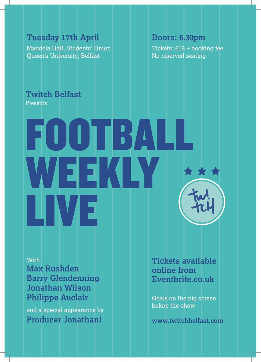 Football Weekly Live returns to <a href="/mandelahall/">Mandela Hall, Belfast</a> @QUBSU on Tues 17th April! Tickets on sale NOW from eventbrite.co.uk/e/twitch-prese… <a href="/Twitch_Belfast/">Twitch_Belfast</a> @bglendenning <a href="/maxrushden/">Max Rushden 💛🖤</a> <a href="/jonawils/">Jonathan Wilson</a>