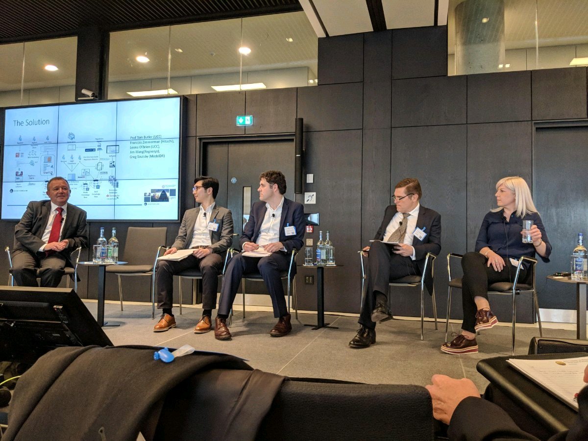 GRCTC_Tweet's tweet photo. . @proftombutler of @UCC who hosted with the @centralbank_ie the @TheFCA @bankofengland tech round table. In pic @Leona0B of @UCC Francois Zimmerman of @HitachiVantara Greg Soulsby of @modelDrivers Jim Wang of @REGnosys discussing the #RegTechSprint #MDMER https://t.co/zWj3qqz0TB