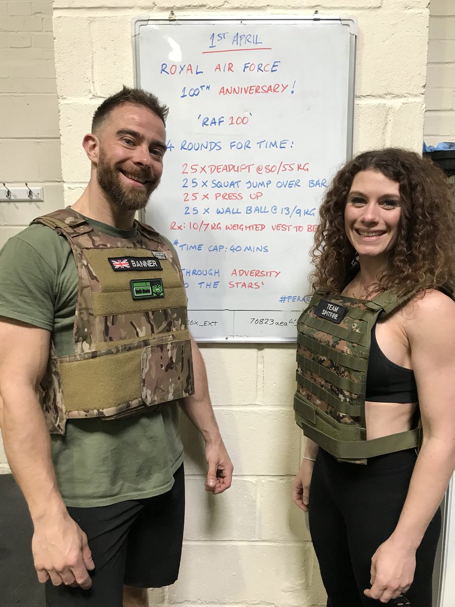 CFSpitfire's tweet photo. @CFSpitfire have been celebrating the @RoyalAirForce #raf100 centenary with a special workout! @OfficialXForces Ambassador David and Sheena both #Veterans completed the workout! 💪🏼 #crossfitspitfire #xforces https://t.co/vqXYgt5Aef