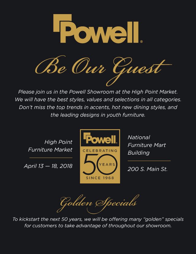 PowellCompany's tweet photo. The High Point Market is right around the corner! Be sure to visit our showroom in the National Furniture Mart. See you there! https://t.co/iAndt1EQ3x