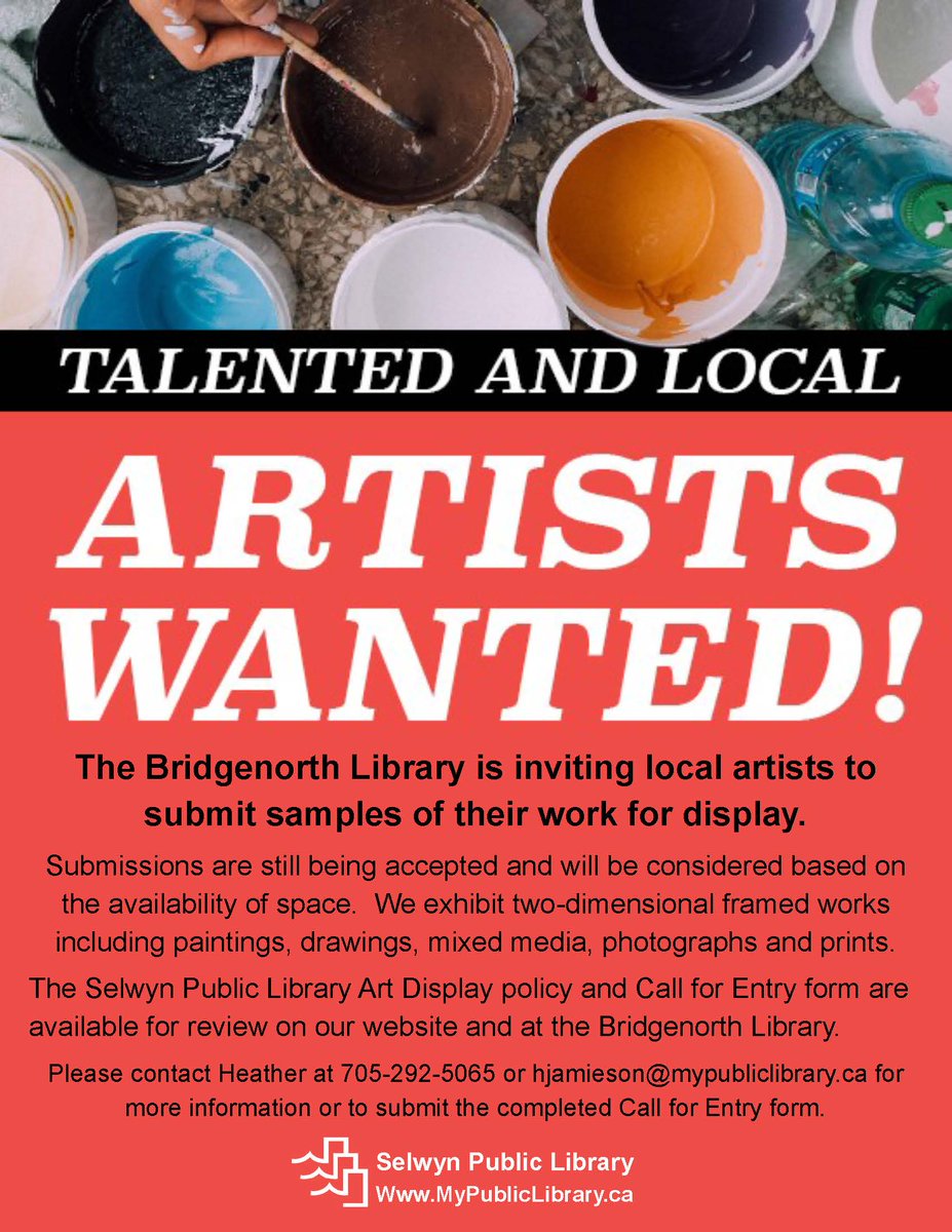 SelwynLibrary's tweet photo. Talented and #LocalArtists Wanted!
Call the Bridgenorth Library 705 292 5065 for availability https://t.co/FIpy0vZe1E