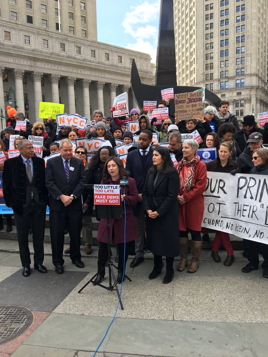 ZackFinkNews's tweet photo. Press conference and rally in Foley Square featuring @jessicaramos @RJackson_NYC @zellnor who say “too little too late,” primaries against former @IDC4NY will go forward despite @NYGovCuomo brokered truce https://t.co/M5qMMQYrW1