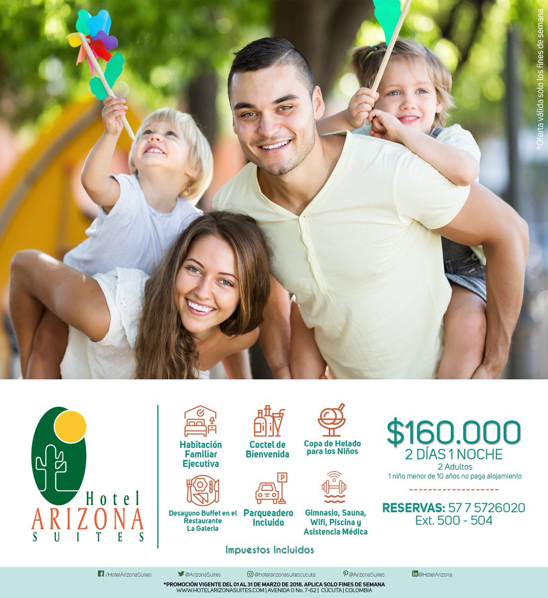 ArizonaSuites's tweet photo. En el mes de #Abril queremos que tu y tus hijos disfruten de una cómoda y agradable estadía en nuestro hotel, es por eso que tenemos el plan especial para este mes de los niños. 😍🍨
Haz tus reservas en:
💻 https://t.co/6joySEzZEk
📞 5726020 Ext503
#PlandelMes #DíadelNiño #Cúcuta https://t.co/o7suolFSCz