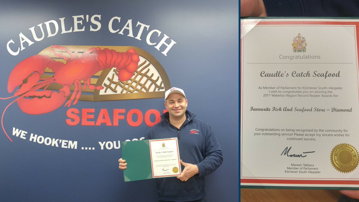 CaudlesCatch's tweet photo. Thanks to @MarwanTabbaraMP for presenting us with our Diamond Award from the @WR_Record #ReaderAward for Favourite Fish & Seafood Store 2017! Thanks to everyone in #KWAwesome for voting! https://t.co/SpKepxEGeI
