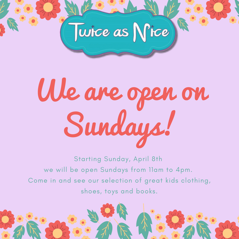 TwiceAsNiceTO's tweet photo. Come in and say hello this Sunday! We will be open Sundays 11am to 4pm starting April 8th. We can't wait to see you! #twiceasnicetoronto #toronto #twiceasnice #childrensconsignment https://t.co/yV8bGQsTth
