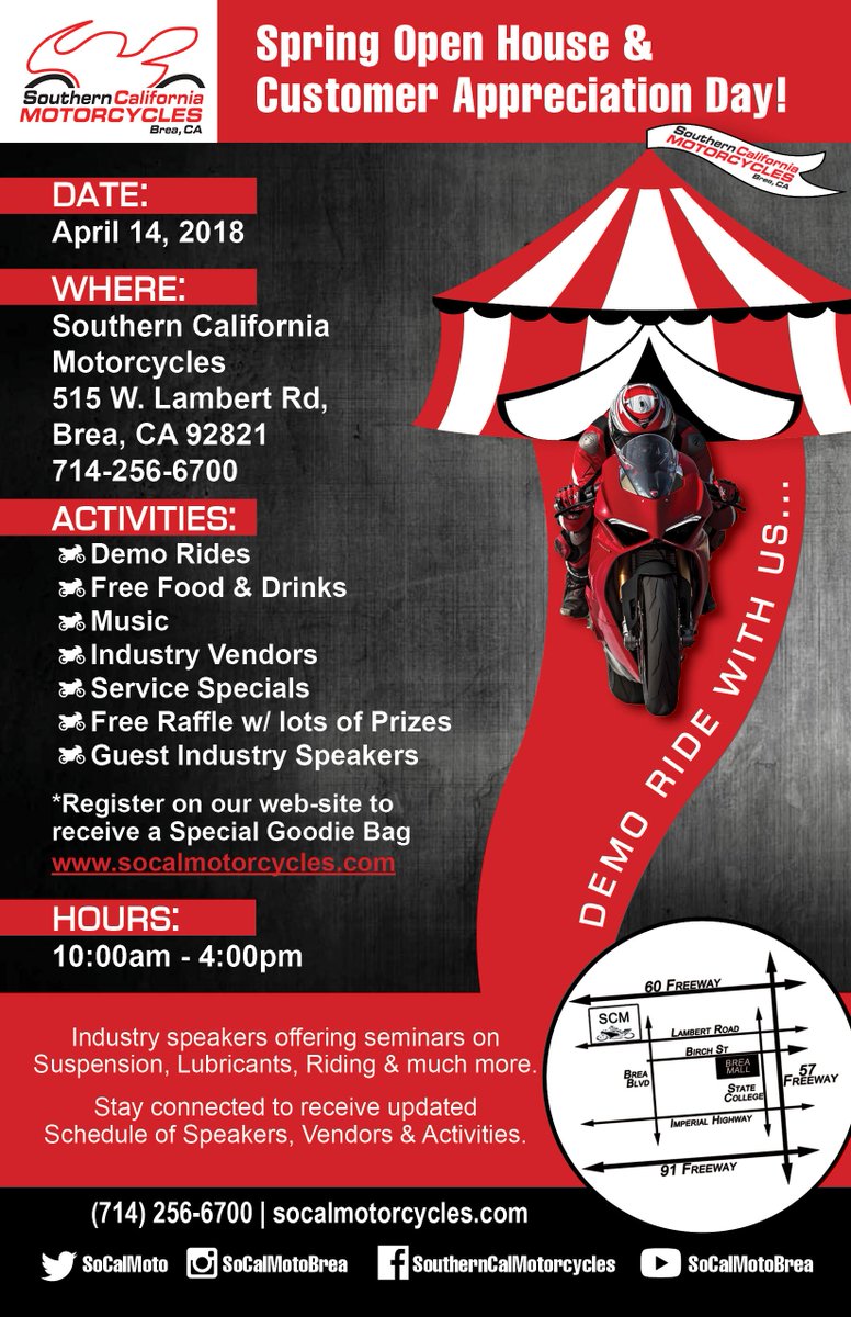 SoCalMoto's tweet photo. A couple of events to put on your calendar! April 14th is our Spring Open House and on April 21st we will have the Suzuki Factory Demo Truck here at our dealership! Check out our website for more info. https://t.co/3MVhkBZfDv