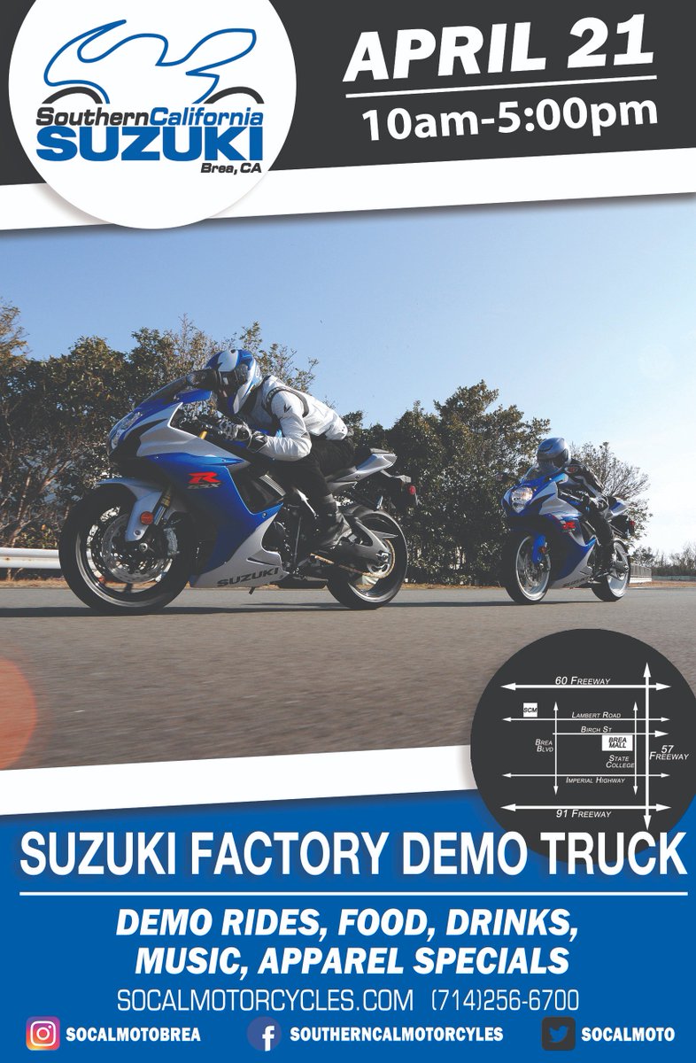 SoCalMoto's tweet photo. A couple of events to put on your calendar! April 14th is our Spring Open House and on April 21st we will have the Suzuki Factory Demo Truck here at our dealership! Check out our website for more info. https://t.co/3MVhkBZfDv