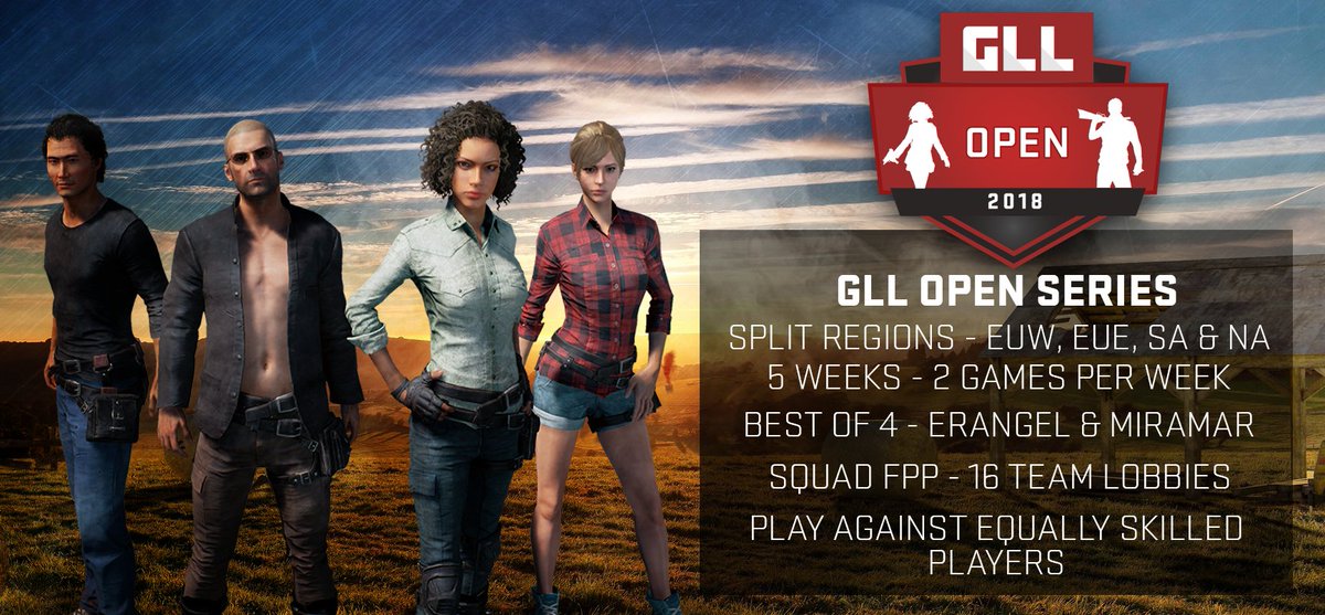 Strydagg's tweet photo. Want to kick-start your PUBG Career or just bored between Seasons?👇

Well, we've got the thing for you - GLL Open!

👉Two games per week (Wed &amp; Sat)
👉Five weeks total
👉Four regions 
👉Ranked groups

Sign-up NOW!

Full info- 
🔗https://t.co/iOYjoC0fEX
🔗https://t.co/9Edb4QS0HE https://t.co/OVEgxzlpbL