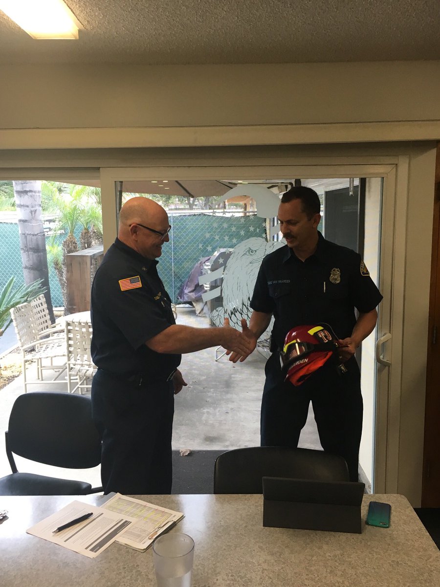 OCFADivision7's tweet photo. Division 7 proudly congratulates Doug VanIwaarden on his promotion to Fire Captain. Presenting Doug with his new helmet and badge are Division Chief Lockhart &amp; Assistant Chief Zeller. Congratulations Doug! https://t.co/sJKxSMEPa7