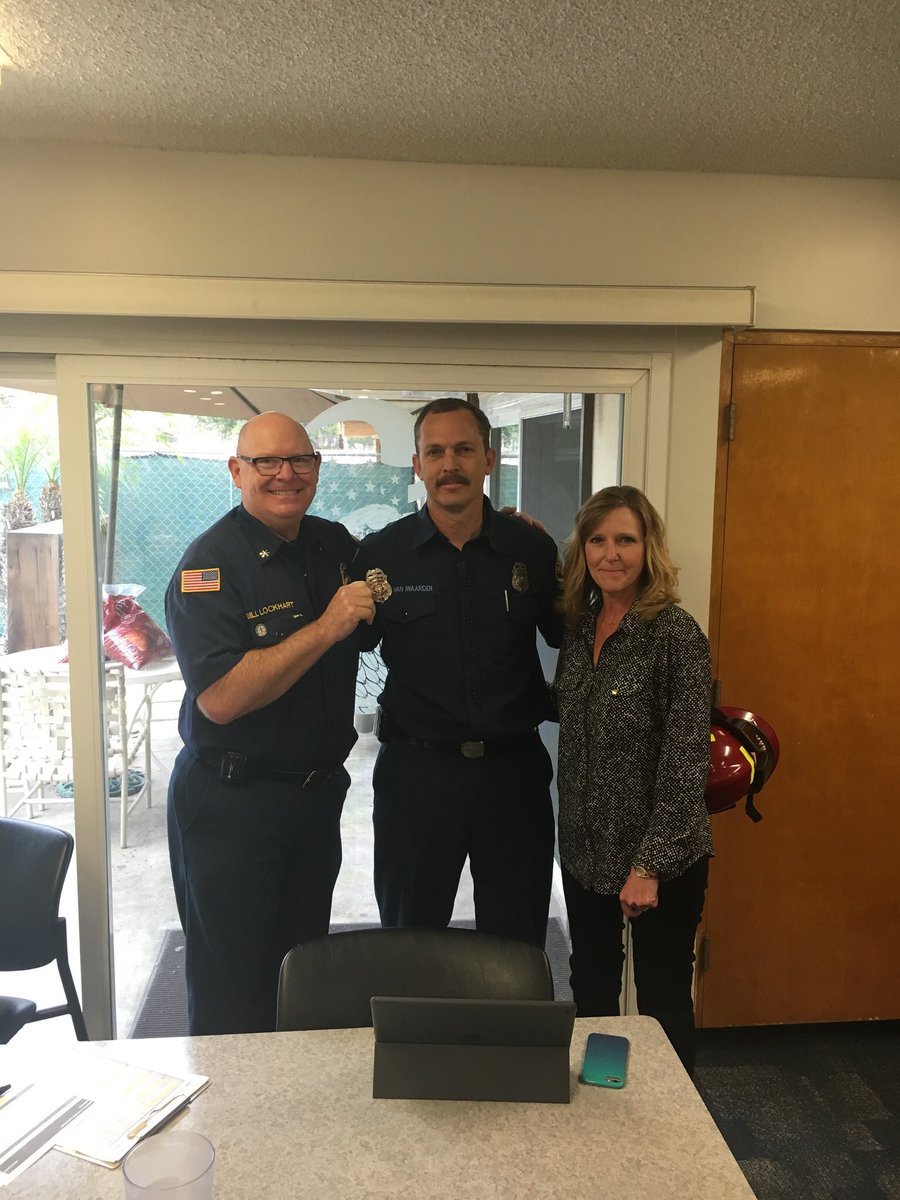 OCFADivision7's tweet photo. Division 7 proudly congratulates Doug VanIwaarden on his promotion to Fire Captain. Presenting Doug with his new helmet and badge are Division Chief Lockhart &amp; Assistant Chief Zeller. Congratulations Doug! https://t.co/sJKxSMEPa7