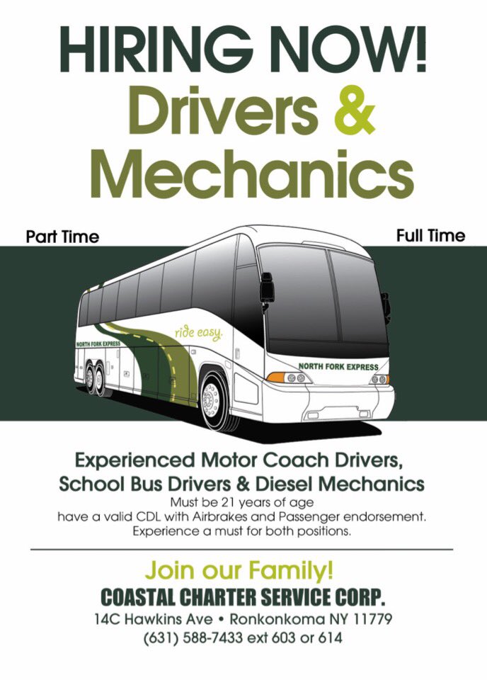 NorthForkExp's tweet photo. We're hiring!! 🚌🛠 631-588-7433 ext 603 https://t.co/37H5kyJMPy