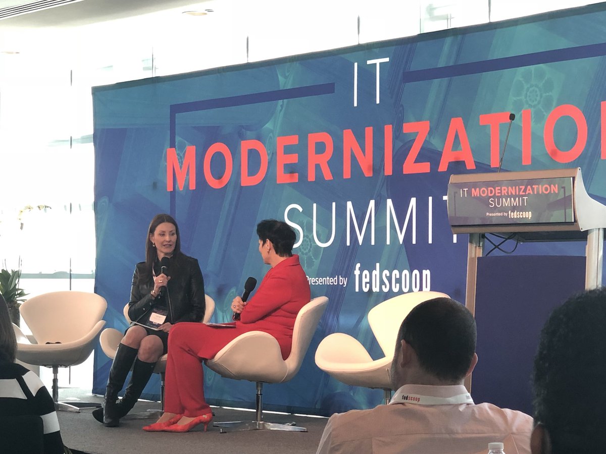 mikehermus's tweet photo. .@karinalhomme from @Microsoft_Gov bringing home the @fedscoop IT Modernization Summit, interviewing Kay Ely from @GSA_ITC #ITMod18 https://t.co/5cmsfG4Hwg